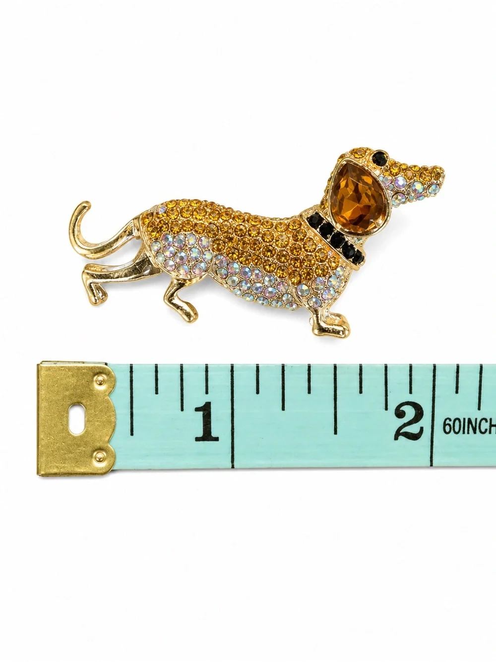 NWT Gold Tone Dachshund Dog Brooch Pin w/ Amber & Aurora Rhinestones